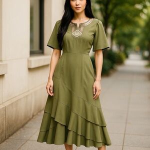 JUDITH HART Set-Flare midi Skirt & Top Sequins Olive Coral Layered Bohemian